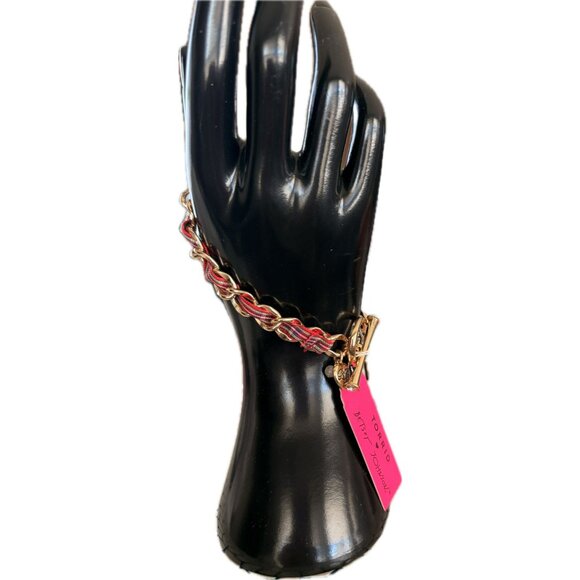 Betsey Johnson Pave Heart Lock & Key Gold Charms Plaid Ribbon Toggle Bracelet - Picture 4 of 5